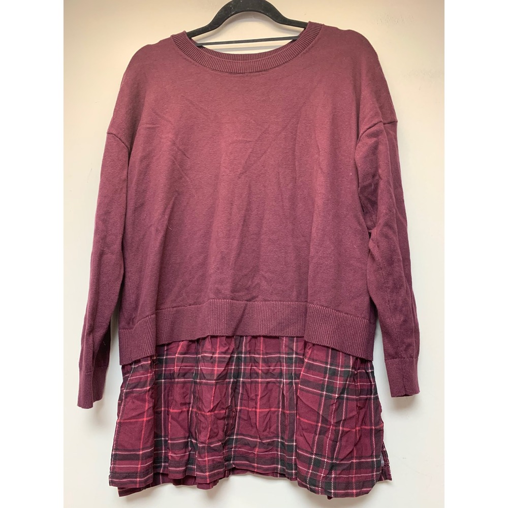 Torrid Layered Knit Top Womens 0 L Burgundy Excellent Plaid Hem Mixed Media